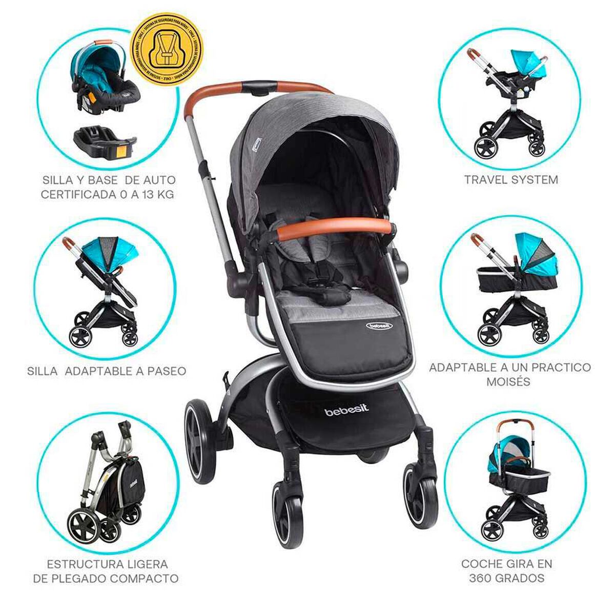 Coche Cuna Travel System Bebe Deluxe 360&deg; con Base Gris Bebesit