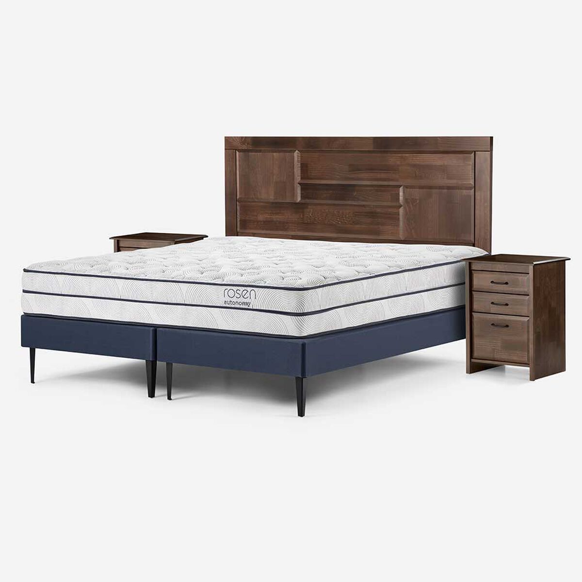 Cama Europea Rosen Base Dividida 2 Plazas Autonomy + Respaldo + 2 Veladores Dolce