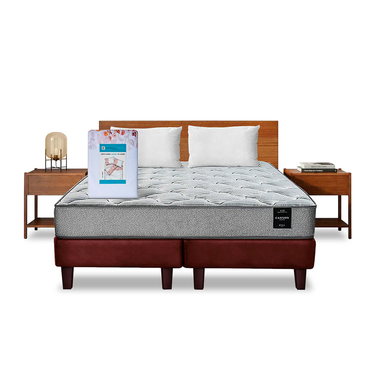 Combo Cama Europea Latam Home 2 Plazas Cannon BD Tela Chocolate + Textil + Resp. + 2 Velador Orion