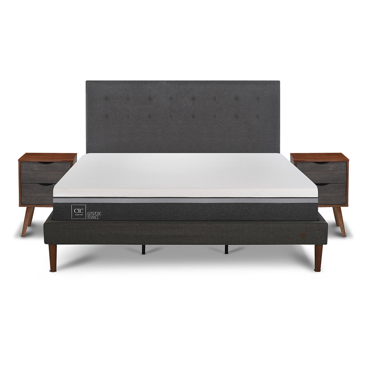Cama Europea CIC King Ortopedic Advance + Respaldo Eufrates + 2 Veladores