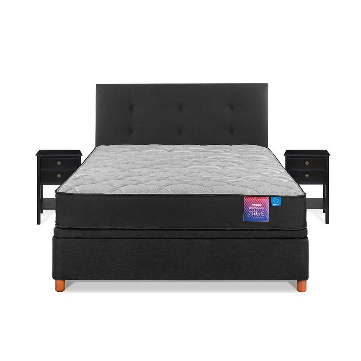 Cama Baúl Flex 2 Plazas Therapedic Plus  + Respaldo Royal + 2 Veladores Rover