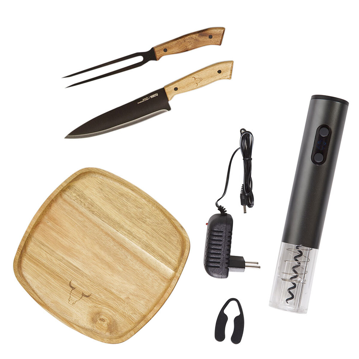 Set Parrillero Wayu Juego de Cuchillos + Plato de Madera + Sacacorchos Eléctrico