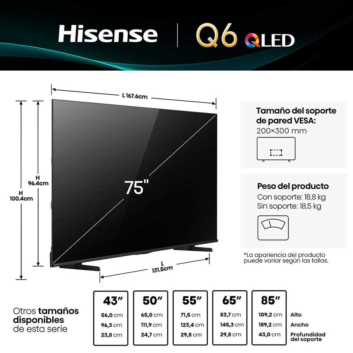 QLED 75" Hisense 75Q6QV Ultra HD 4K