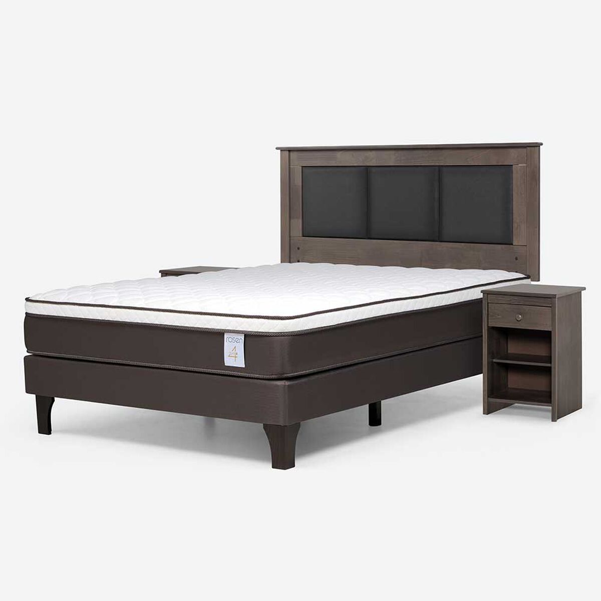 Cama Europea Rosen 2 Plazas New Style 4 Plus + Respaldo Rachel Gris + 2 Veladores