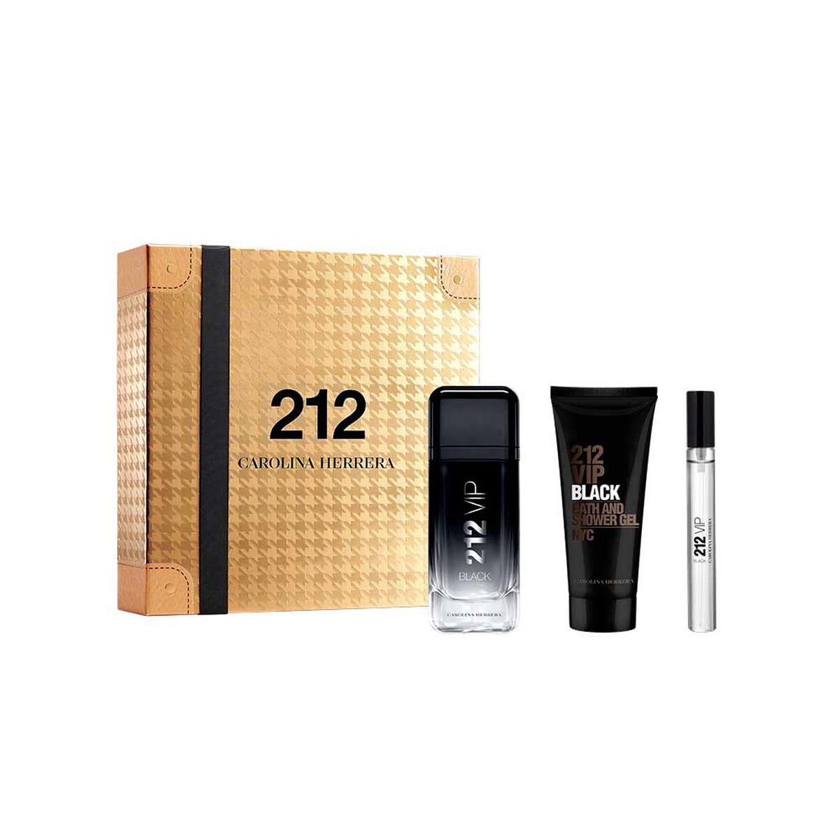 Set Perfume Carolina Herrera Hombre 212 VIP Black EDP 100 ml + Gel de Ba&ntilde;o 100 ml + EDP 10 ml