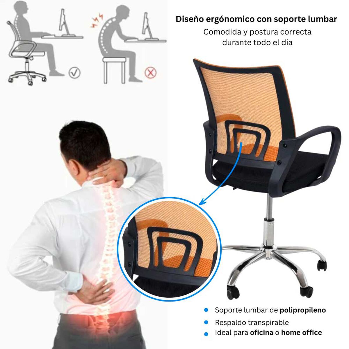 Combo Oficina Escritorio Blanco + Silla New York Negra y Naranjo Arthome