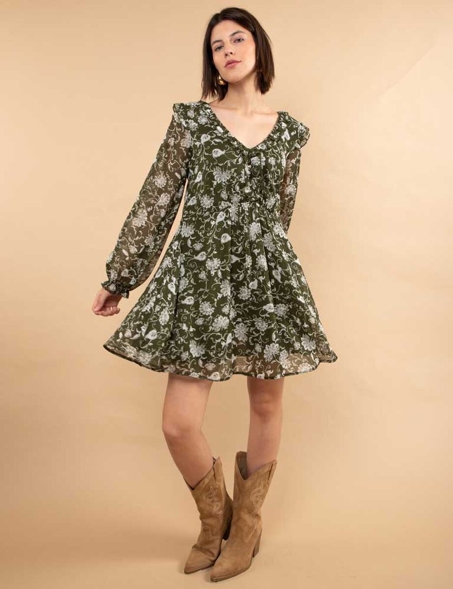 Vestido Corto Estampado Manga Larga Mujer Zibel