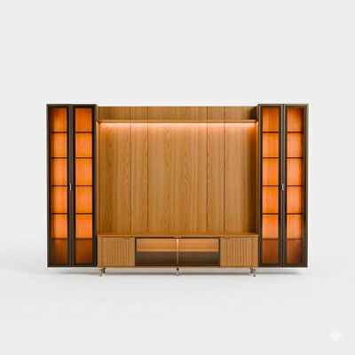 Rack TV 80" + Panel Neon Float LED + 2 Vitrinas 2 Puertas Decocasa Carvalho