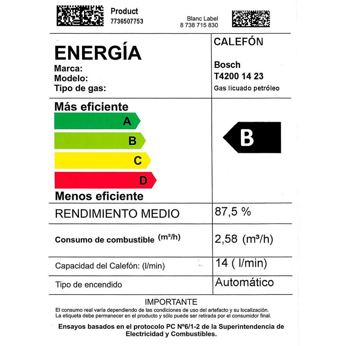 Calef&oacute;n 14 litros gas natural tiro natural Junkers Bosch Therm 4200