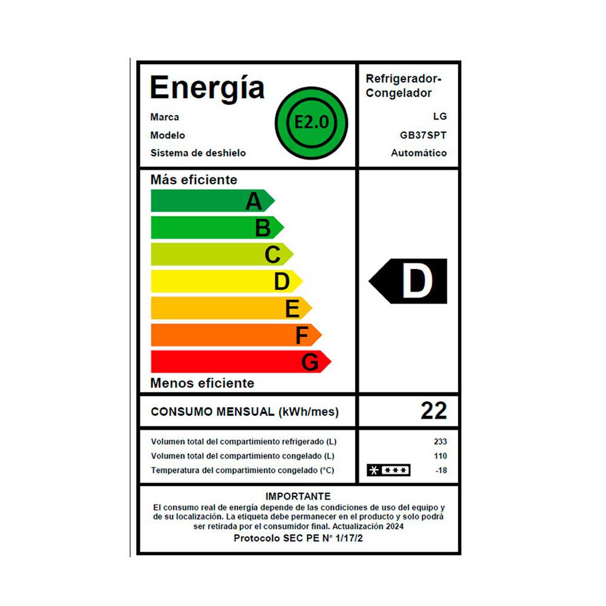 Refrigerador No Frost LG GB37SPT 339 lts.