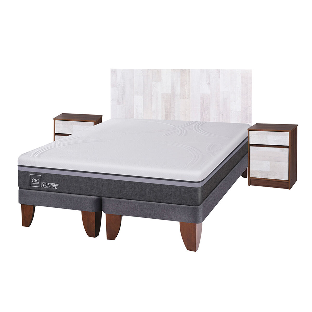 Cama Europea CIC Base Dividida 2 Plazas Ortopedic Advance + Respaldo + 2 Veladores