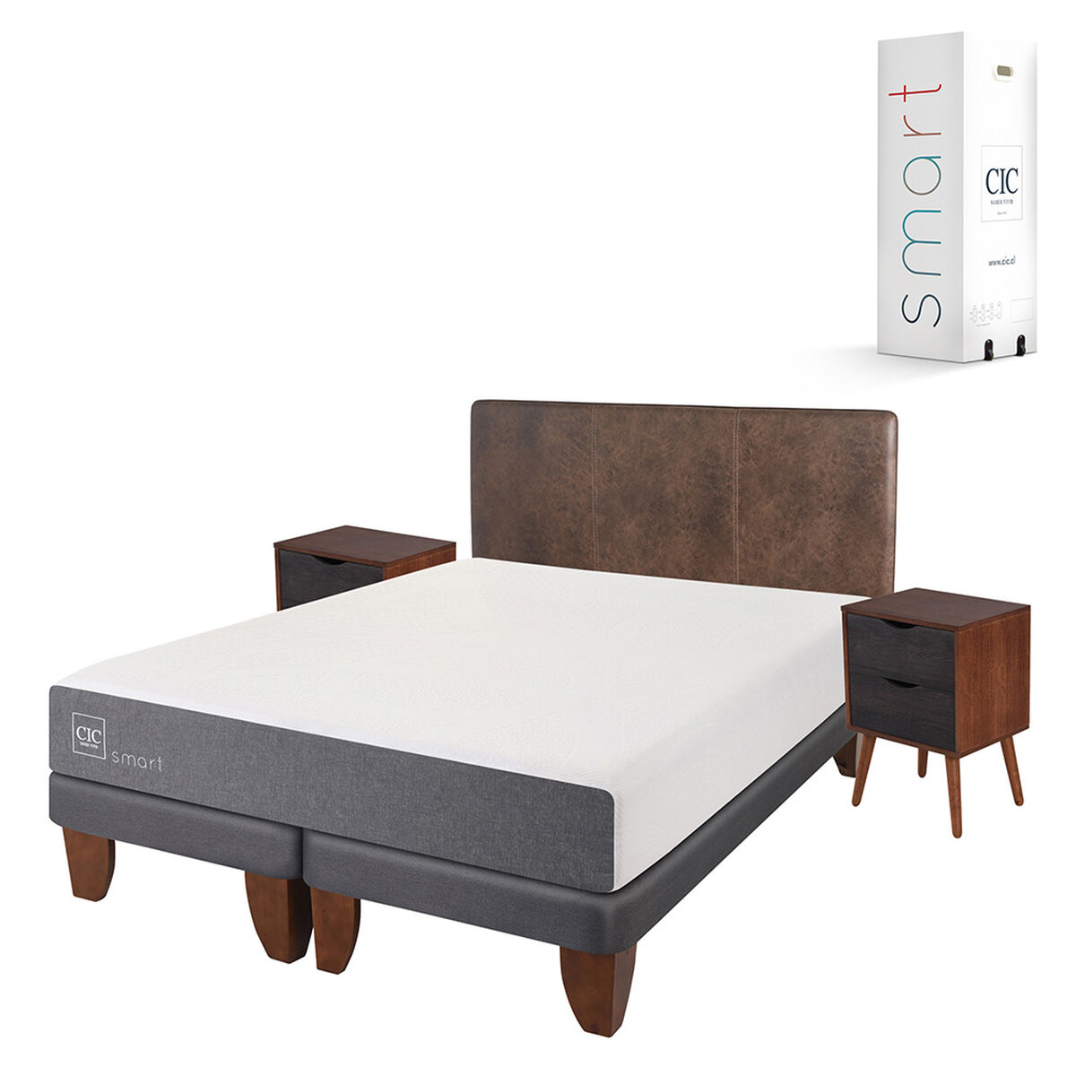 Cama Europea CIC Base Dividida 2 Plazas Smart + Respaldo + 2 Veladores Baker