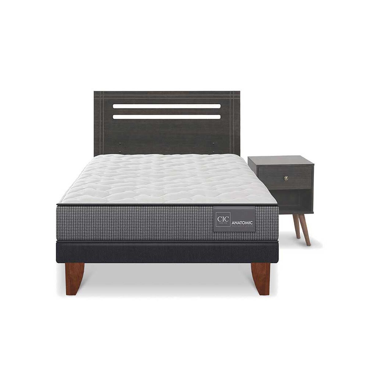 Cama Europea CIC 1,5 Plazas Anatomic + Respaldo + Velador Munich