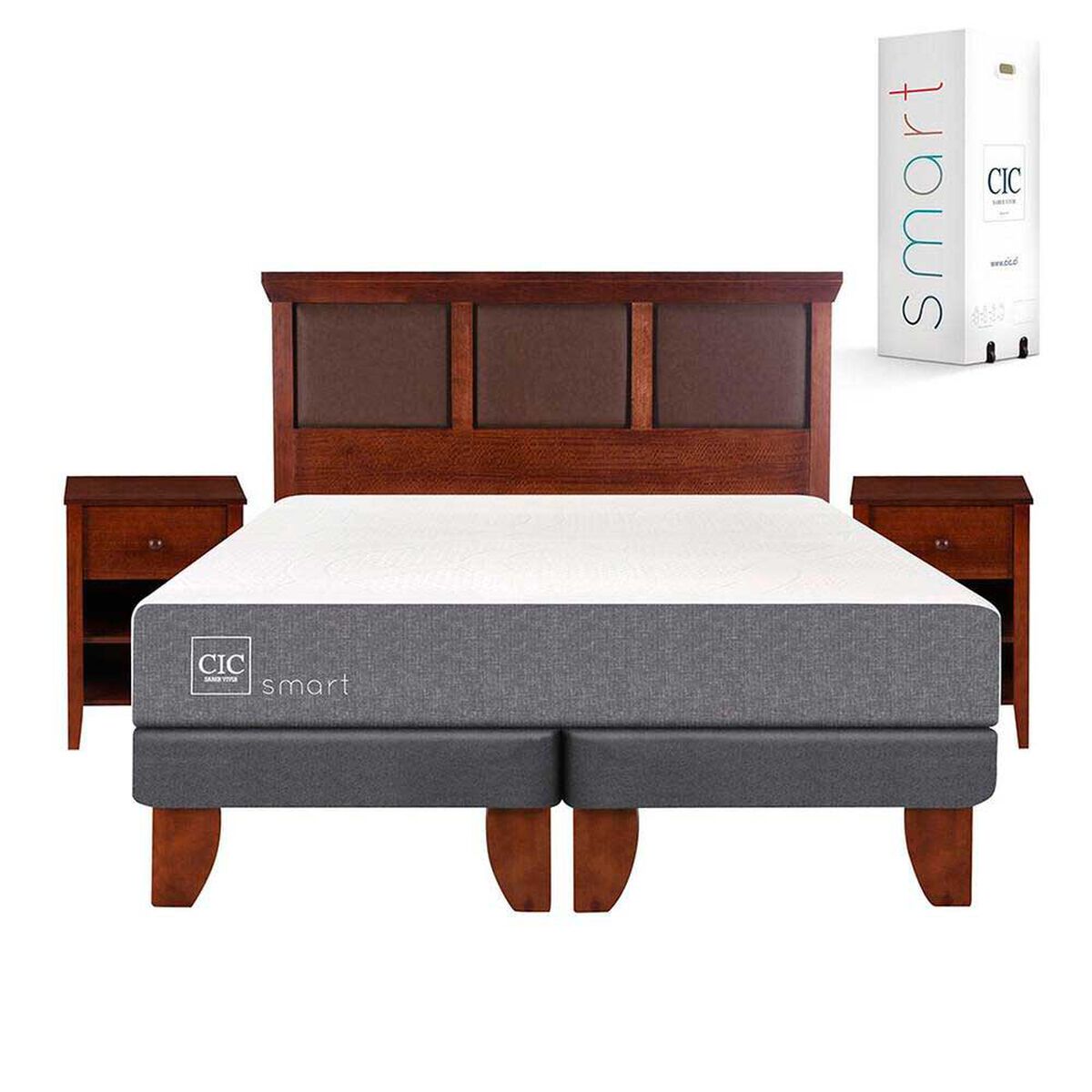 Cama Europea CIC Base Dividida King Smart + Respaldo + 2 Veladores New Torino Caramel