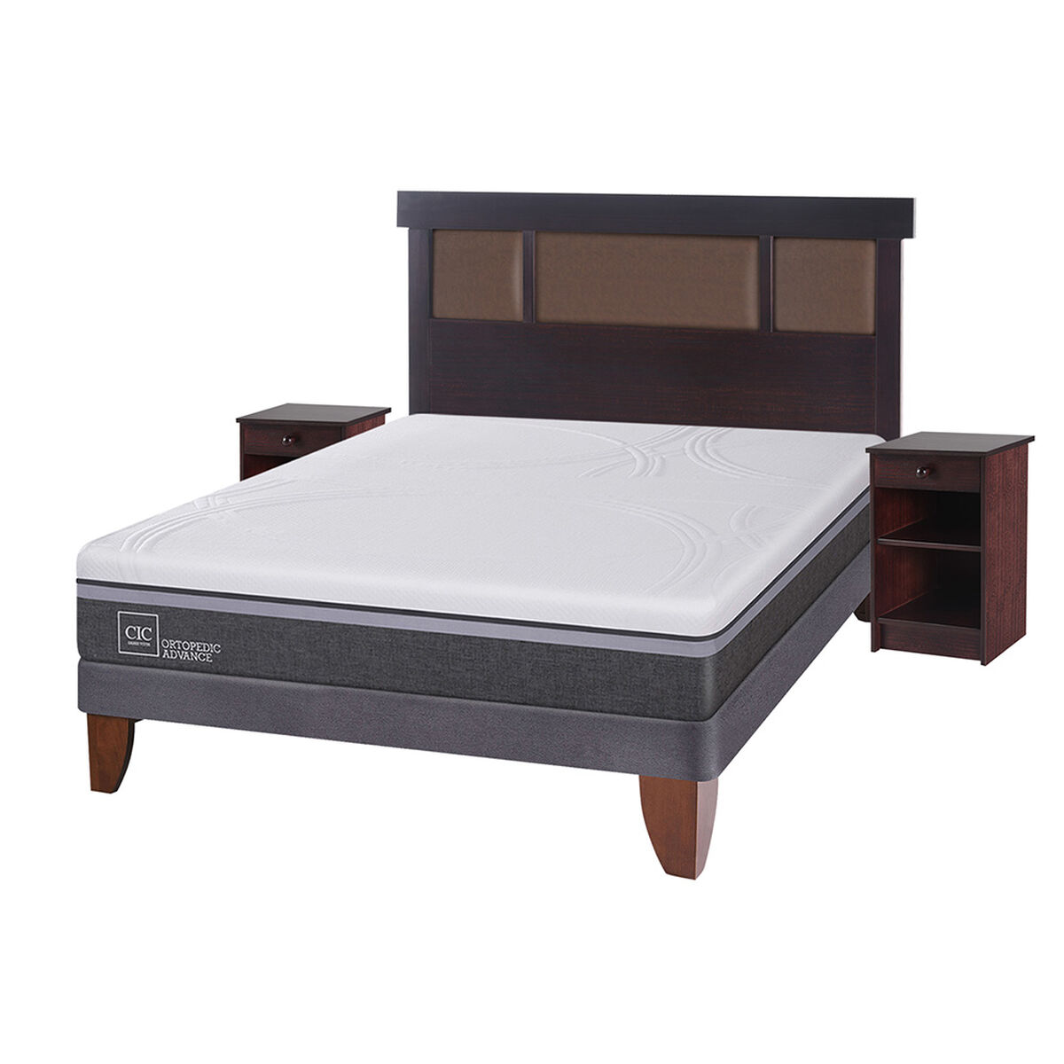 Cama Europea CIC 2 Plazas Ortopedic Advance + Respaldo + 2 Veladores Dublin Chocolate
