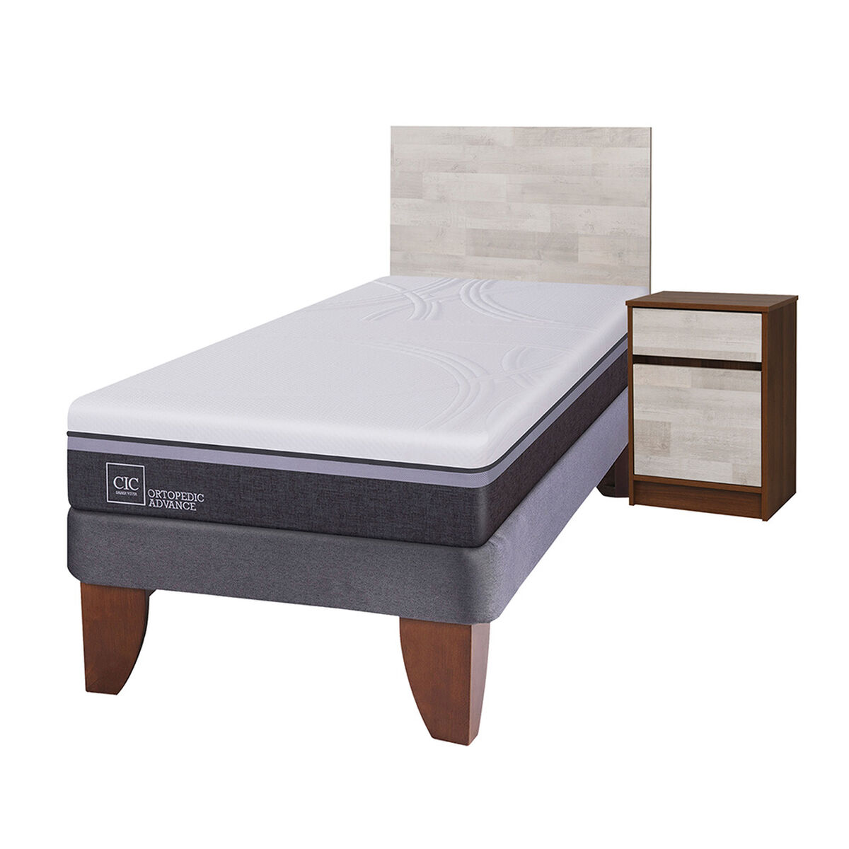 Cama Europea CIC 1,5 Plazas Ortopedic Advance + Respaldo + Velador