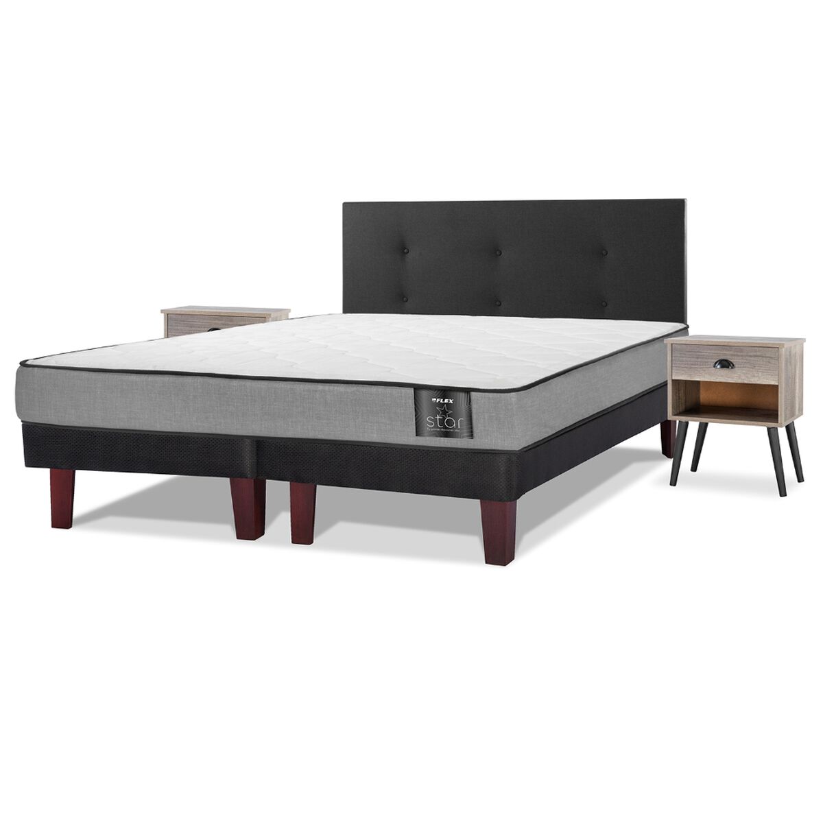 Cama Europea Flex 2 Plazas Star + 1 Respaldo + 2 Veladores