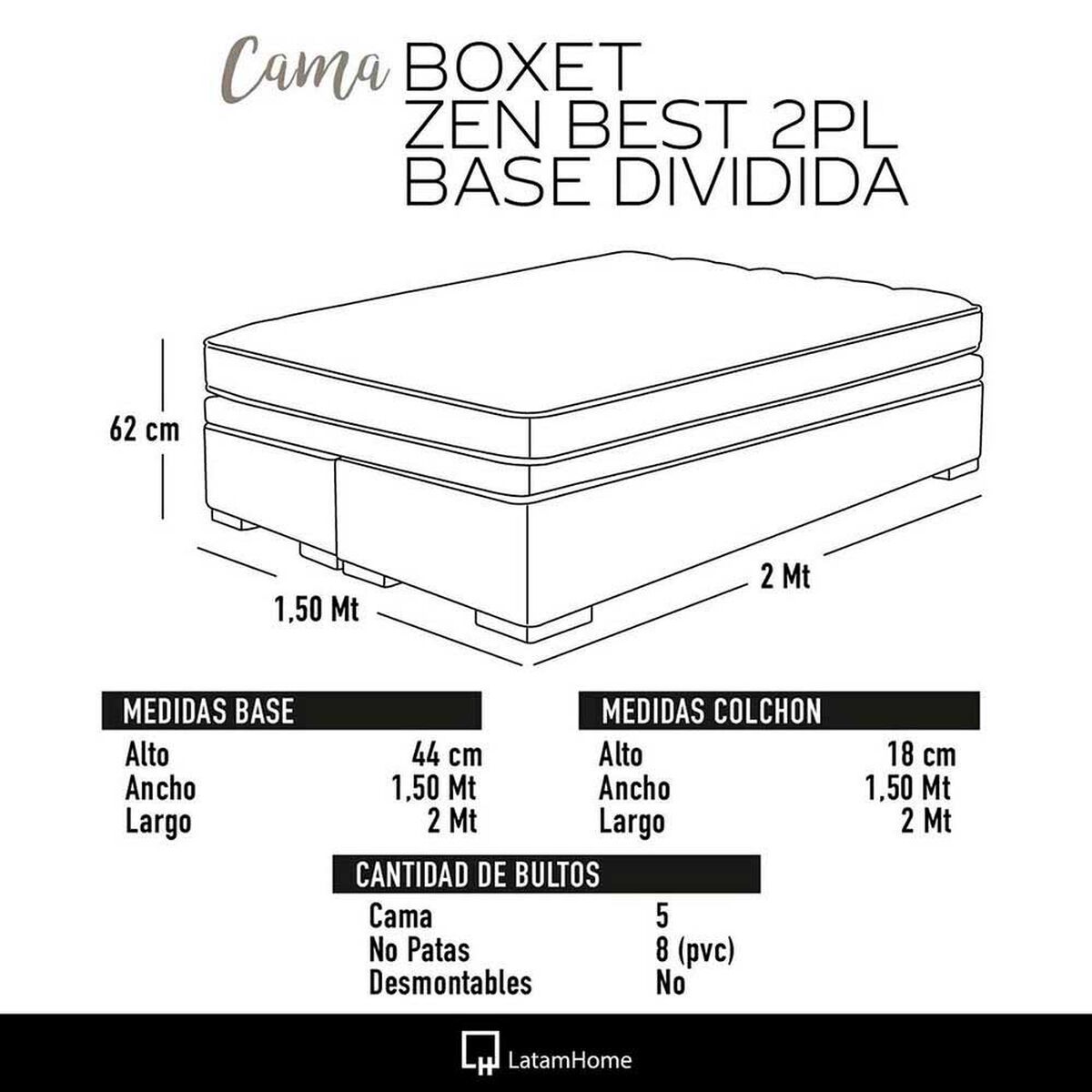 Cama Europea Boxet Latam Home Base Dividida 2 Plazas Zen Best
