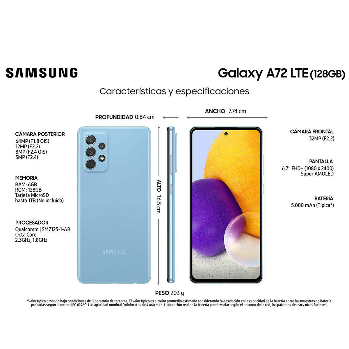 Celular Samsung Galaxy A72 LTE 128GB 6,7'' Awesome Blue Liberado