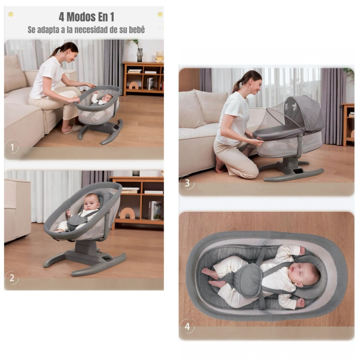 Cuna Mecedora Eléctrica 2 en 1 Mastela Gris LuBabycas
