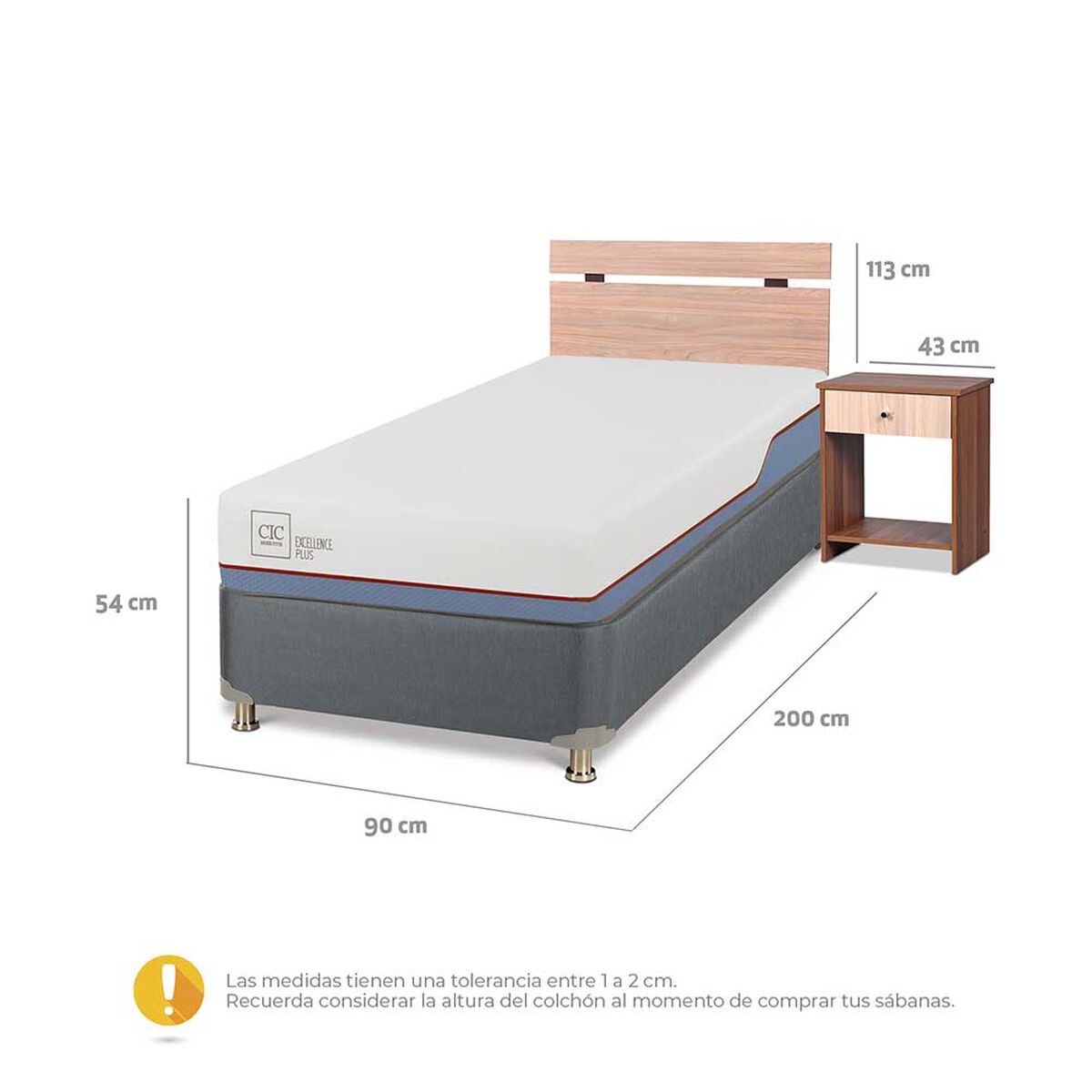 Cama Americana CIC 1 Plaza Excellence Plus + Respaldo + 1 Velador Olmo