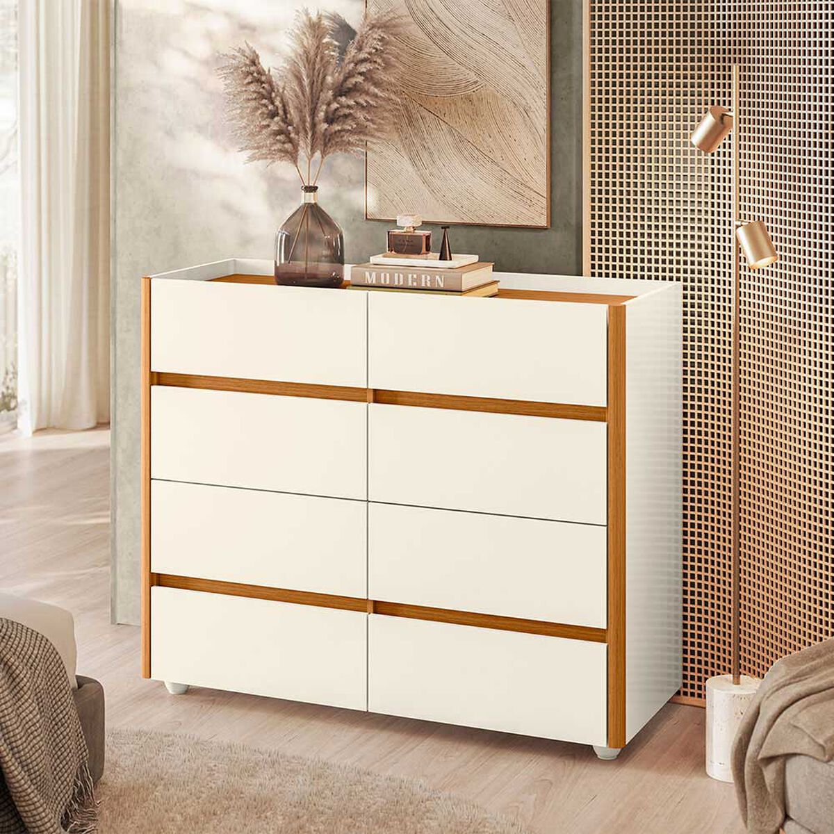 C&oacute;moda Vekkahome Detalle Curvo 6 Cajones Beige