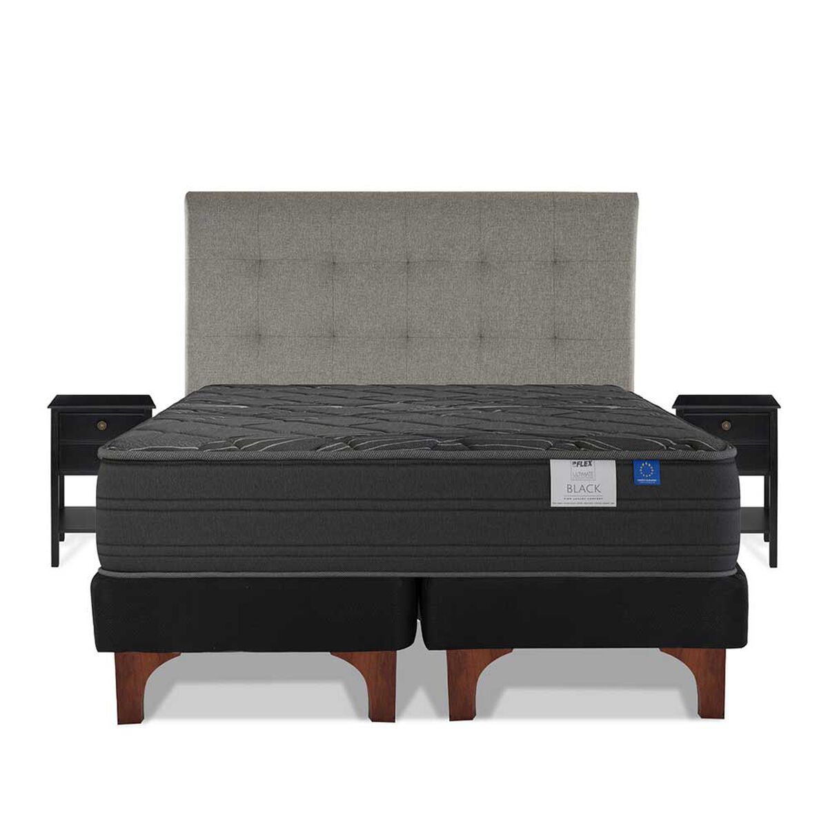 Cama Europea Flex Base Dividida King Black + Respaldo Design Gris + 2 Veladores Rover