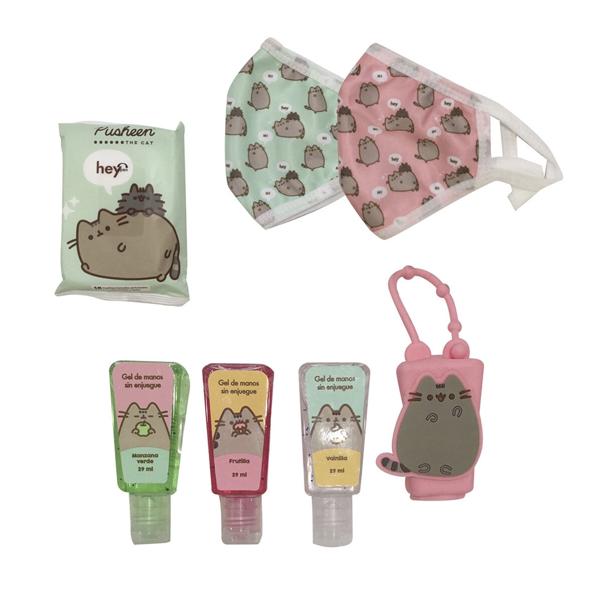 Set 3 Alcohol Gel + 1 Colgador + 2 Mascarillas + 1 Toallitas Desinfectantes Pusheen
