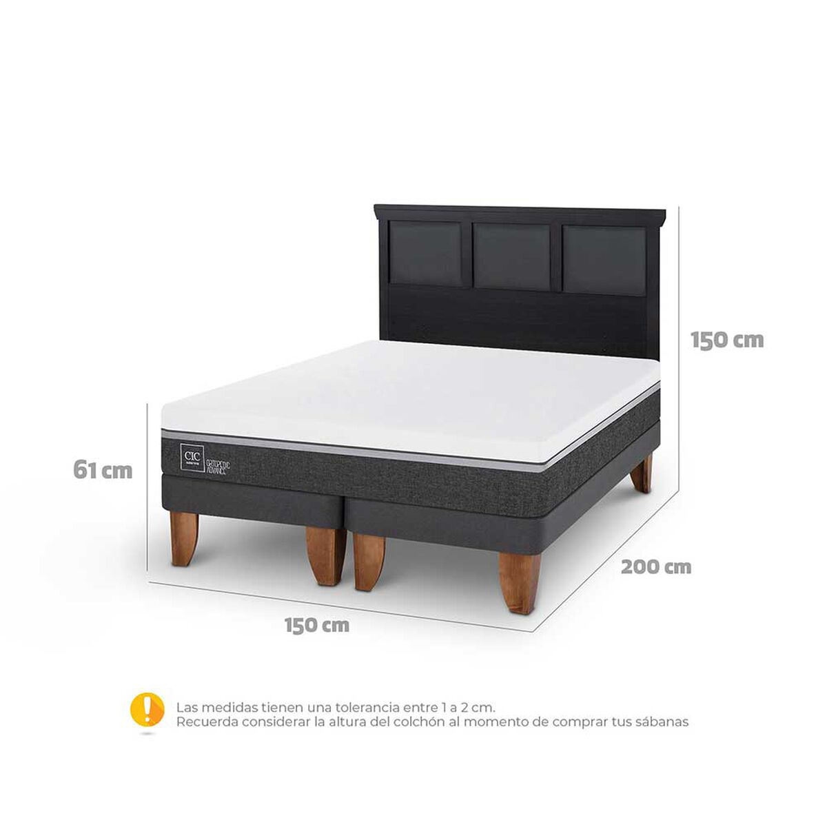 Cama Europea CIC Base Dividida 2 Plazas Ortopedic Advance + Respaldo Torino Negro