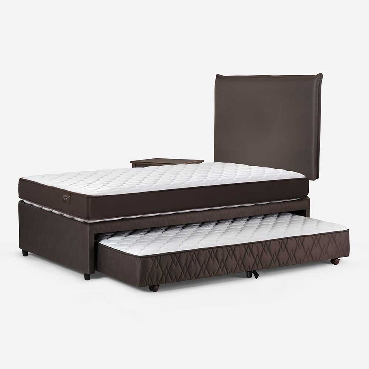 Cama Nido Rosen 1,5 Plazas New Ergo T + Respaldo + Velador Maurice Chocolate