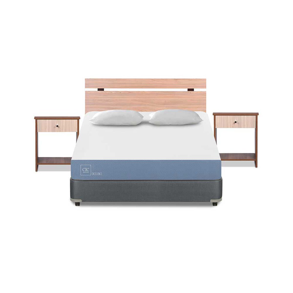 Cama Americana CIC Full Excellence + Respaldo + 2 Veladores Olmo + Almohadas