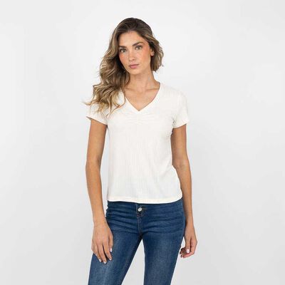 Polera Cuello V Manga Corta Mujer Zibel Ecru, Negro, Negro-Prin, Rojo, Verde