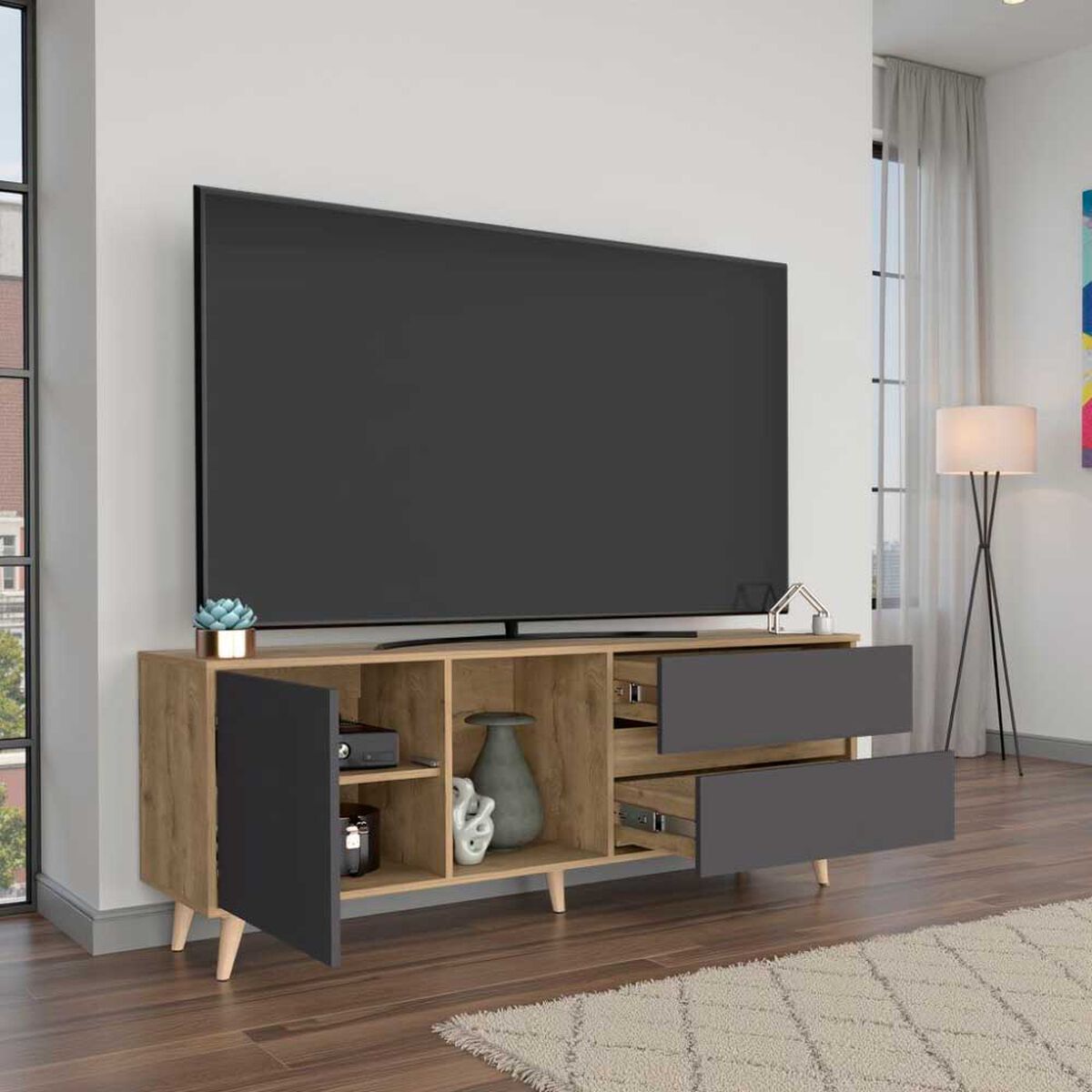 Rack TV TuHome Salem Hasta 65" Macadamia Plomo
