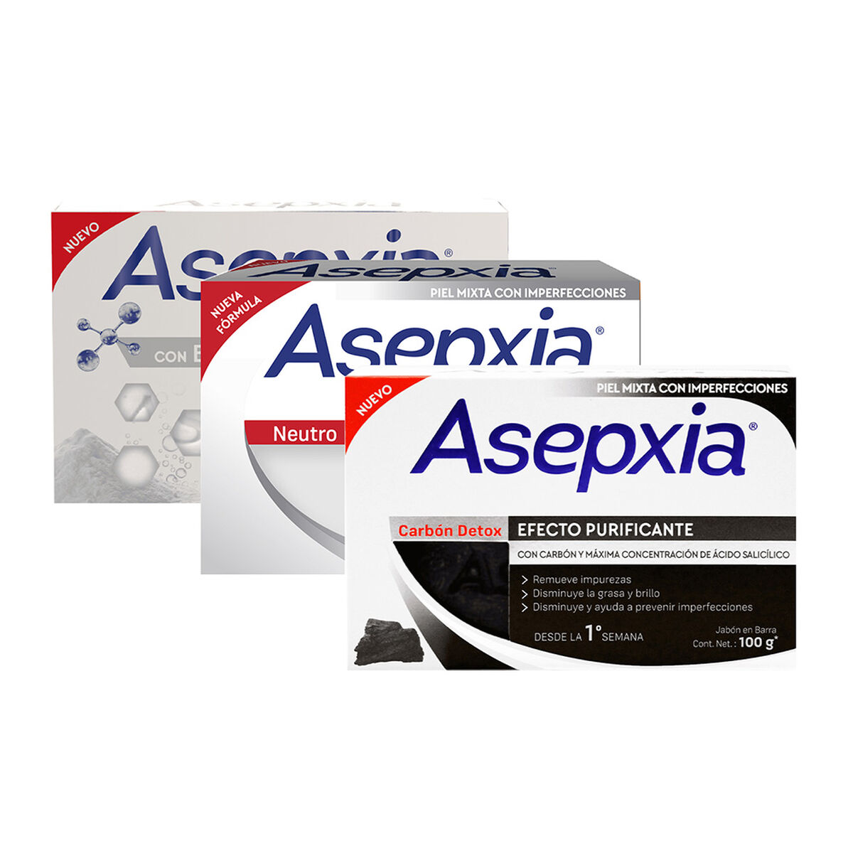 Asepxia Jabón Carbón Detox + Neutro + Bicarbonato 100 g  c/u