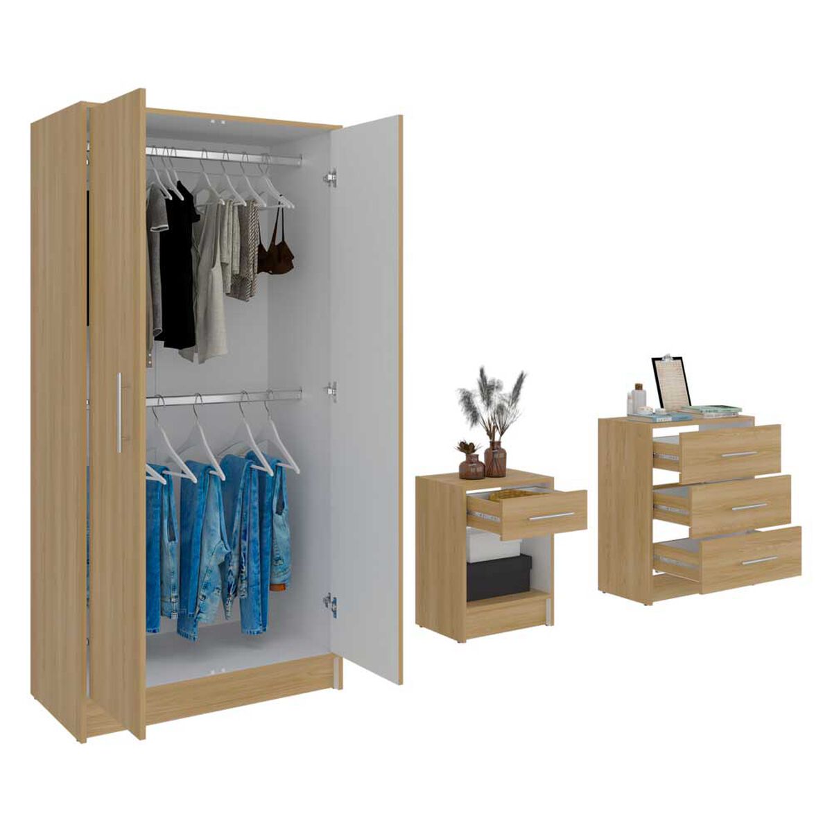 Combo Closet 2 Puertas + Comoda 3 Cajones + Velador Tuhome Francis&nbsp;Fresno Ruropeo-Blanco