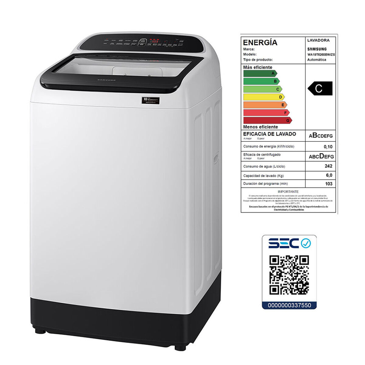 Lavadora Automática Samsung WA19T6260BW/ZS 19 kg.