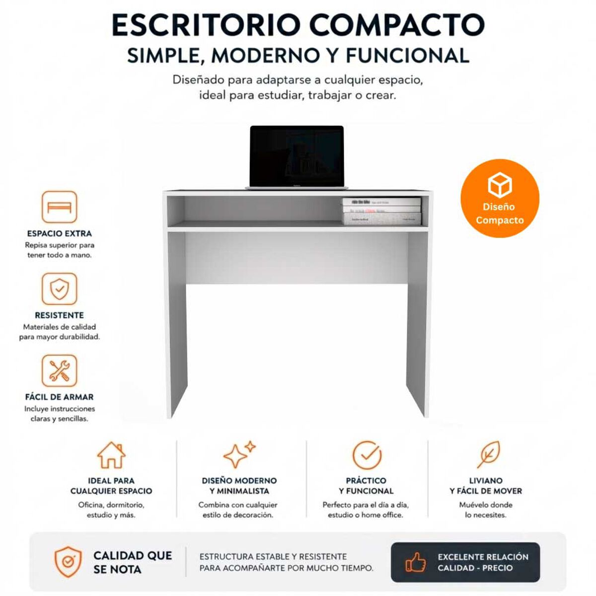 Combo Oficina Escritorio Blanco + Silla New York Negra y Naranjo Arthome