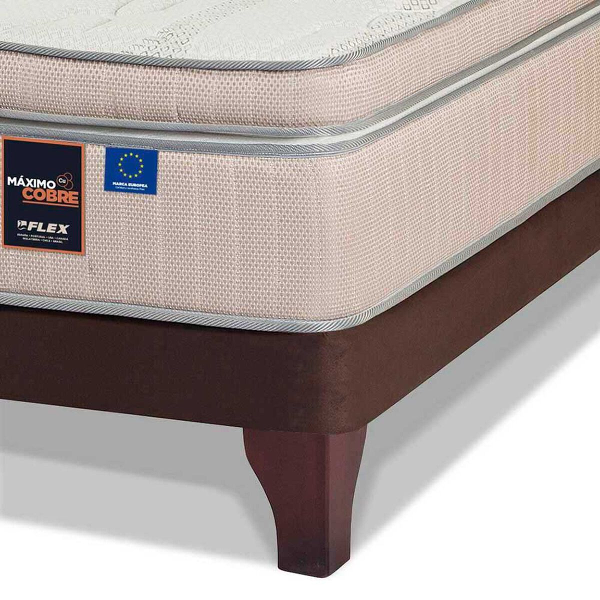Cama Europea Flex Base Dividida King M&aacute;ximo Cobre  + Respaldo Tapizado Chocolate
