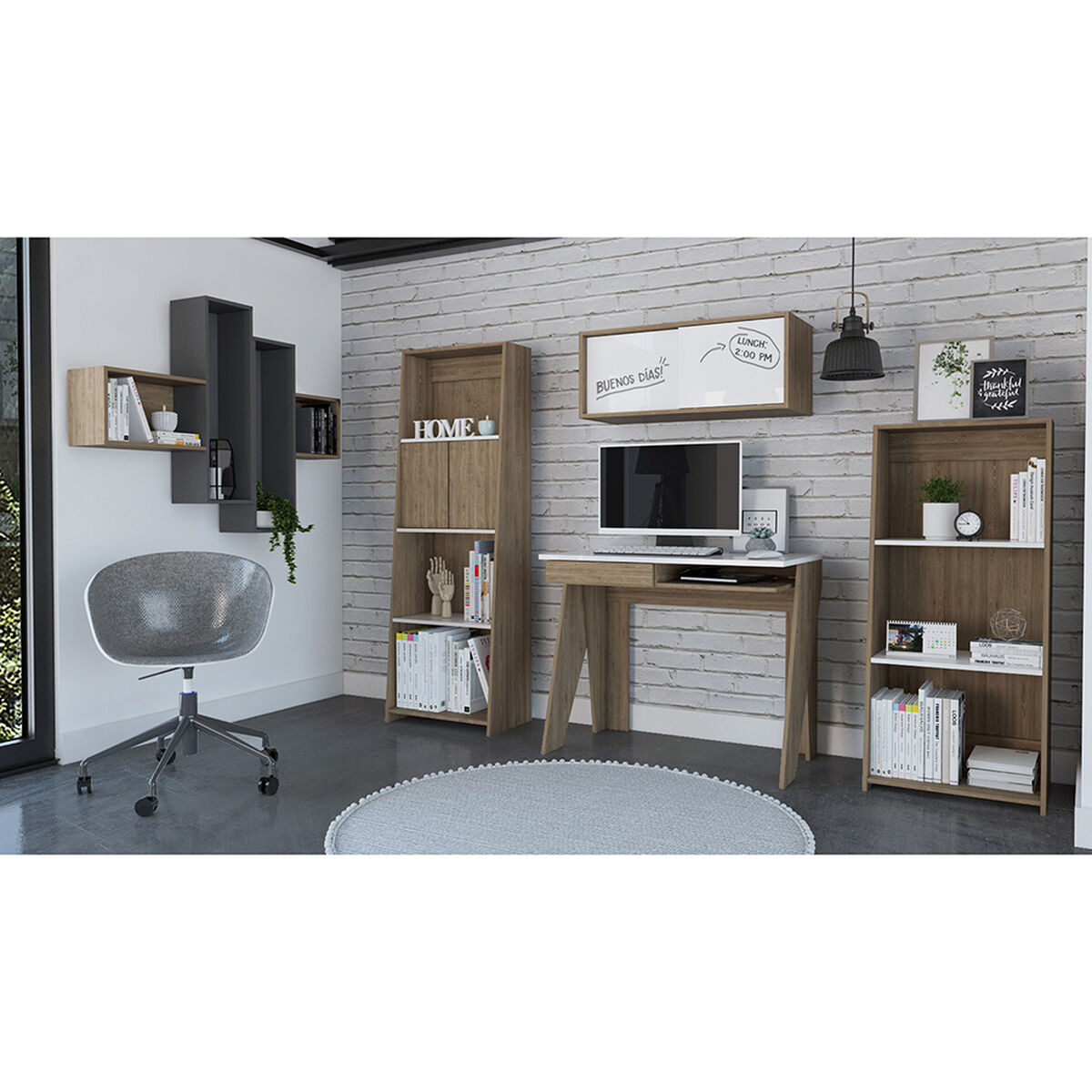 Escritorio + Gabinete + Biblioteca 120 + Biblioteca 160 + Repisa Wall 2A TuHome Note Blanco Miel
