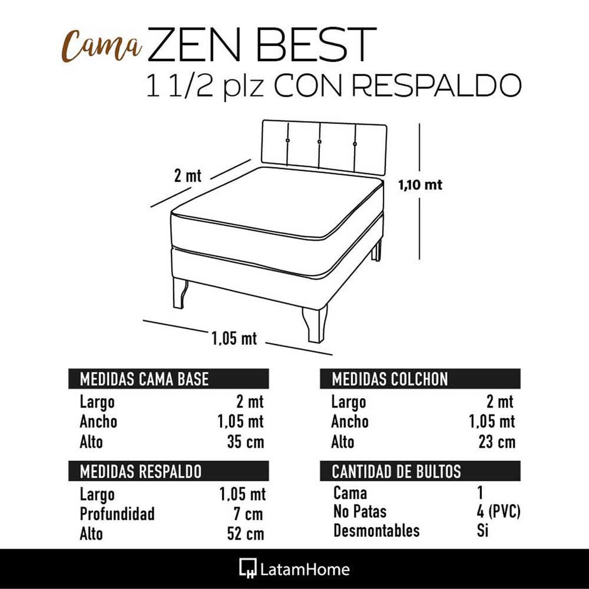 Cama Europea Latam Home 1,5 Plazas Zen Best Verde