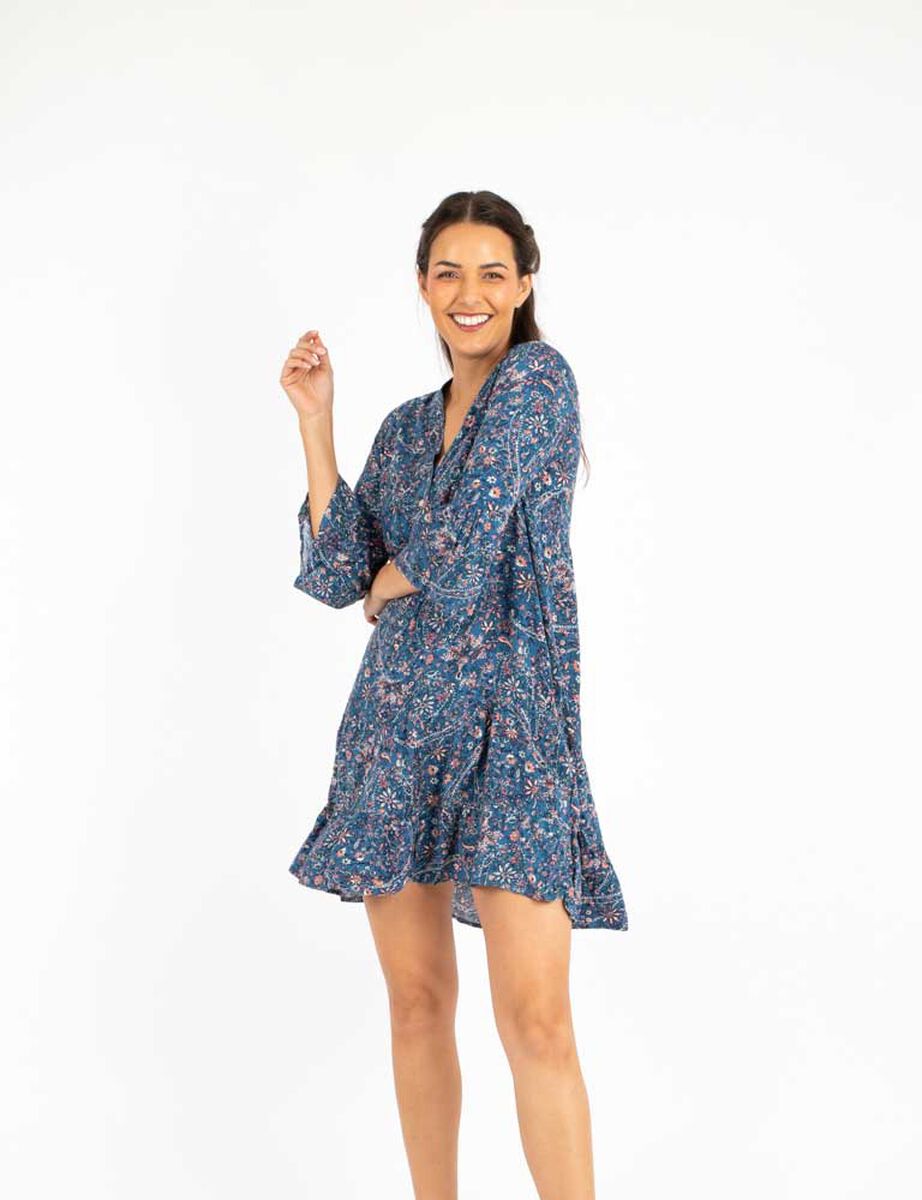 Vestido Corto Estampado Manga 3/4 Campana Botones Mujer Alma