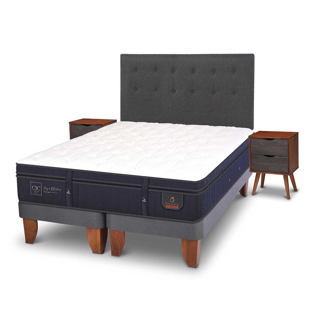 Cama Europea CIC Base Dividida 2 Plazas Súper Premium + Respaldo + Veladores