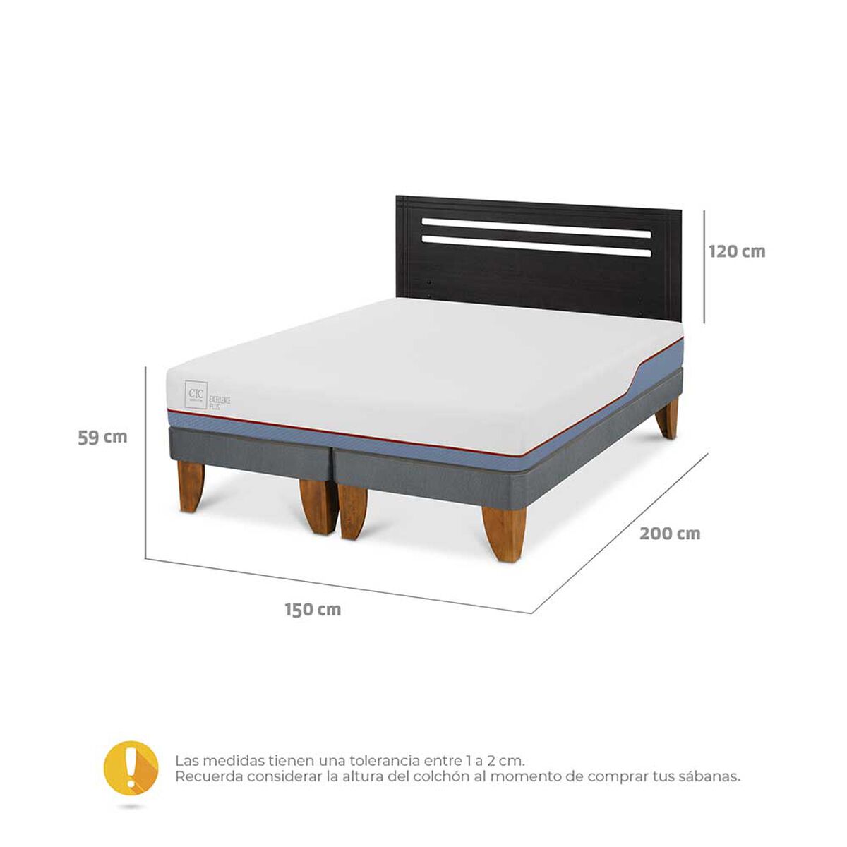 Cama Europea CIC Base Dividida 2 Plazas Excellence Plus + Respaldo Munich Negro
