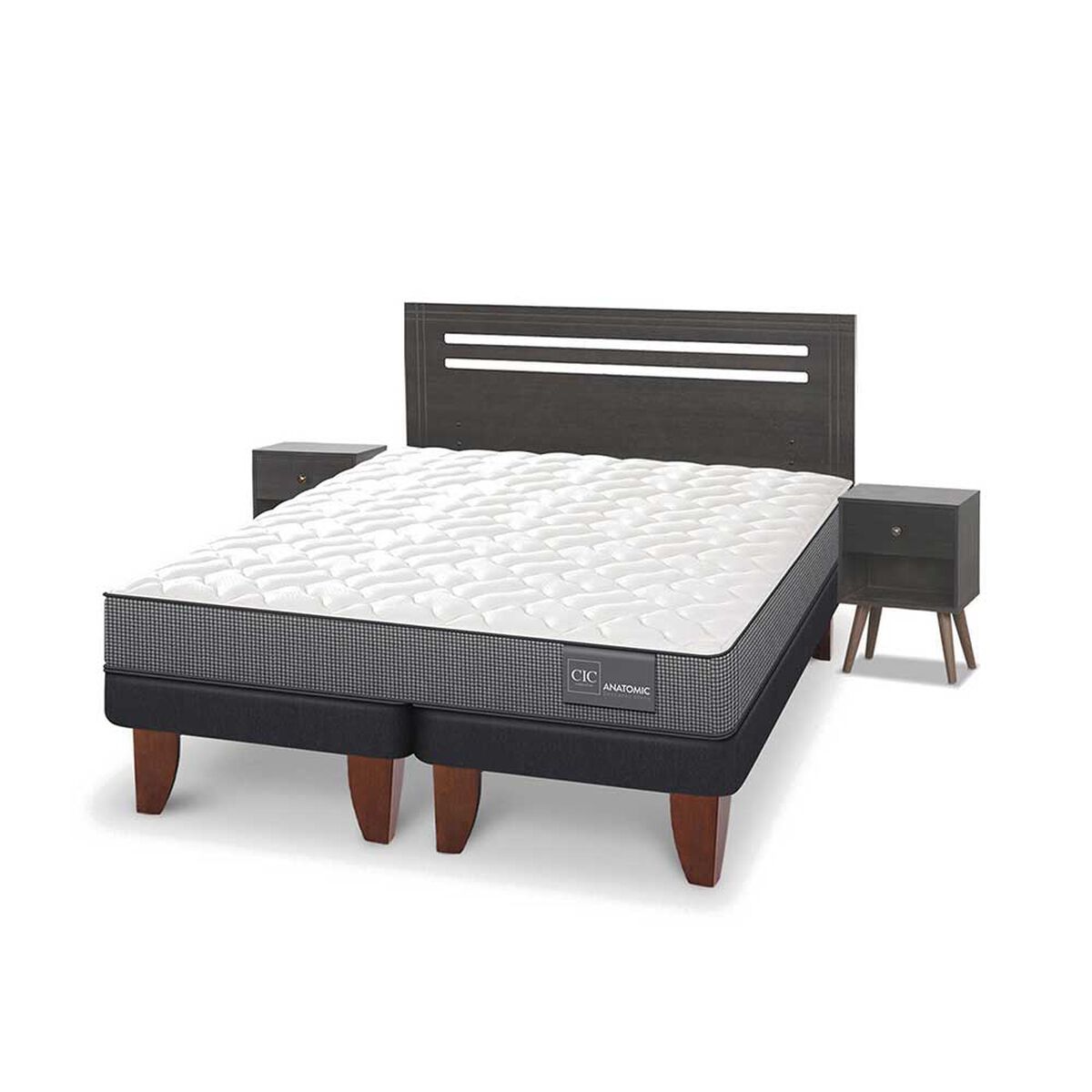 Cama Europea CIC Base Dividida 2 Plazas Anatomic + Respaldo + 2 Veladores Munich