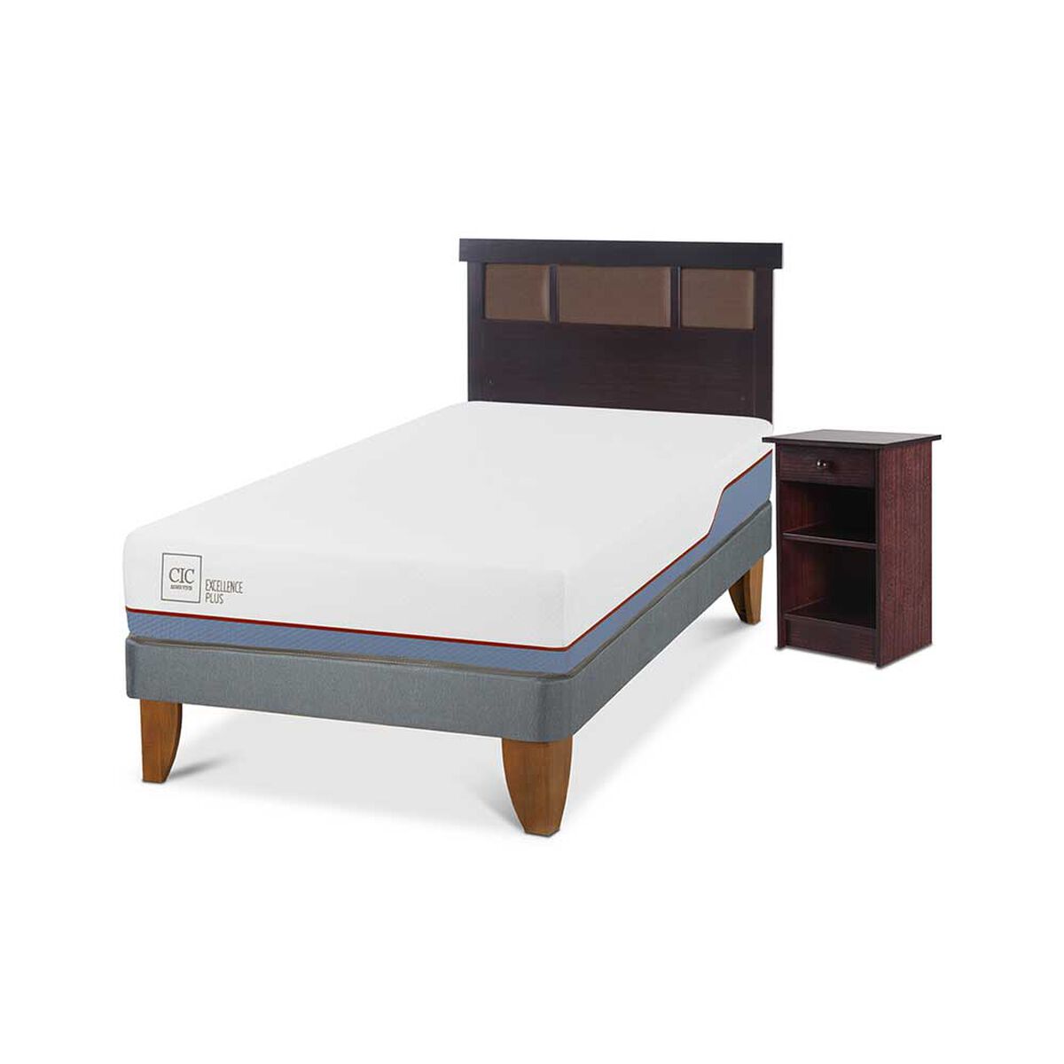 Cama Europea CIC 1,5 Plazas Excellence Plus + Respaldo + Velador New Dublin Choc