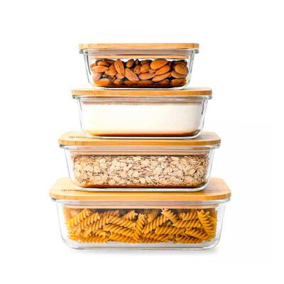 Set 4 Tupper de Vidrio Herm&eacute;ticos Tapa Bamboo Simplit