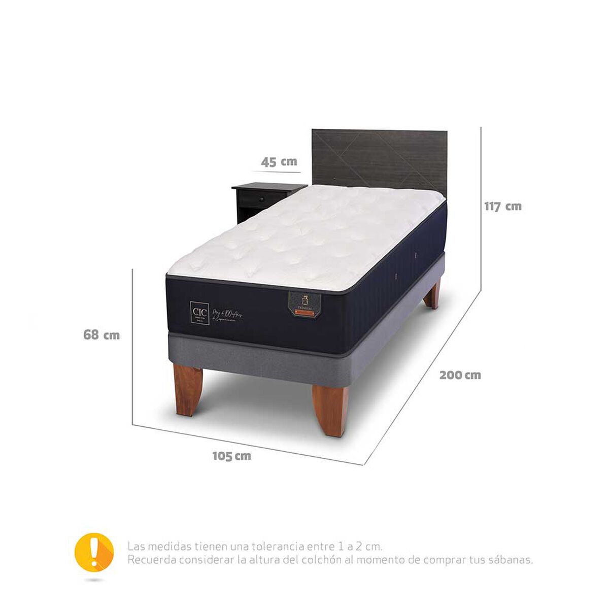 Cama Europea CIC Base Normal 1,5 Plazas Premium + Respaldo + Velador Villarrica