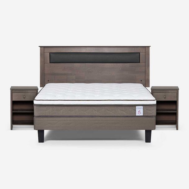 Cama Europea Rosen 2 Plazas New Style 6 + Respaldo Ferrera Gris + 2 Veladores