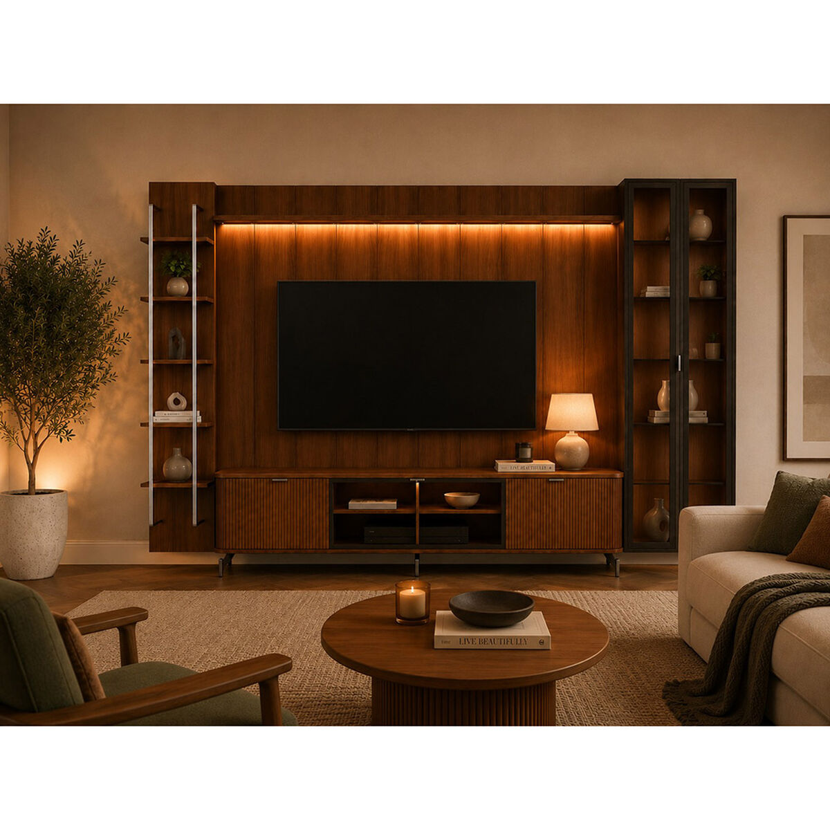 Rack TV 80" + Panel Neon Float LED + Vitrinas 2 Puertas + Repisas Decocasa Canela