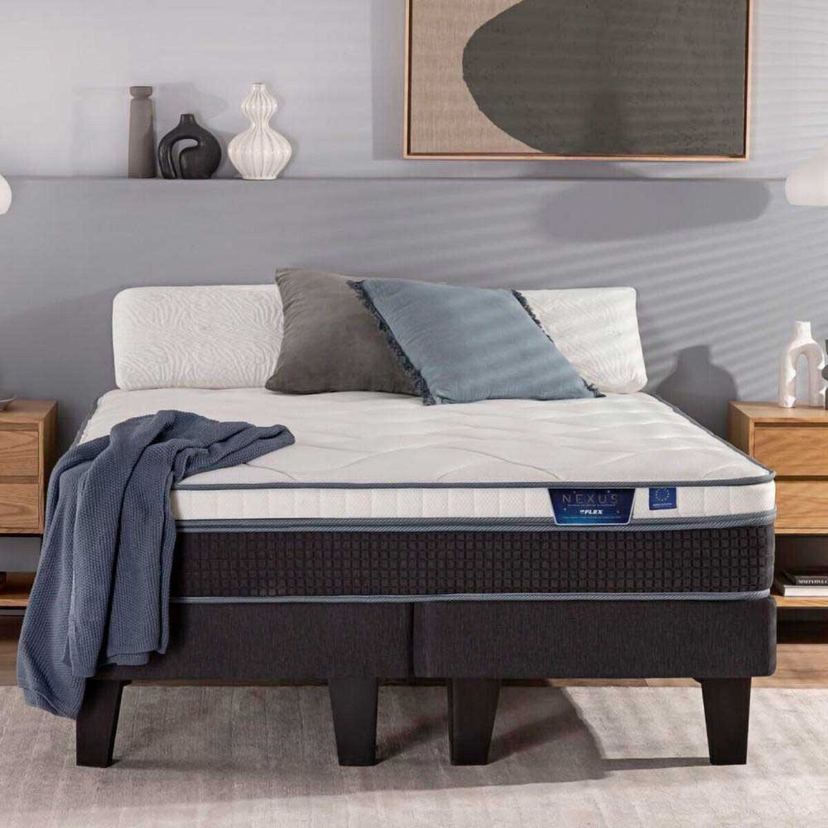 Cama Europea Flex 2 Plazas Nexus Base Dividida + Respaldo Design Grafito